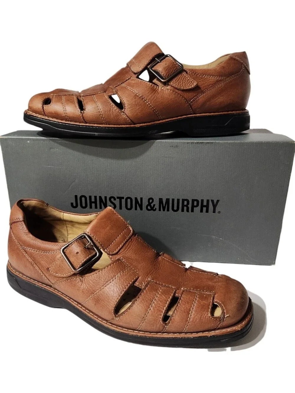 Johnston & Murphy Leather Fisherman Sandals with Buckle Tan Size 8.5